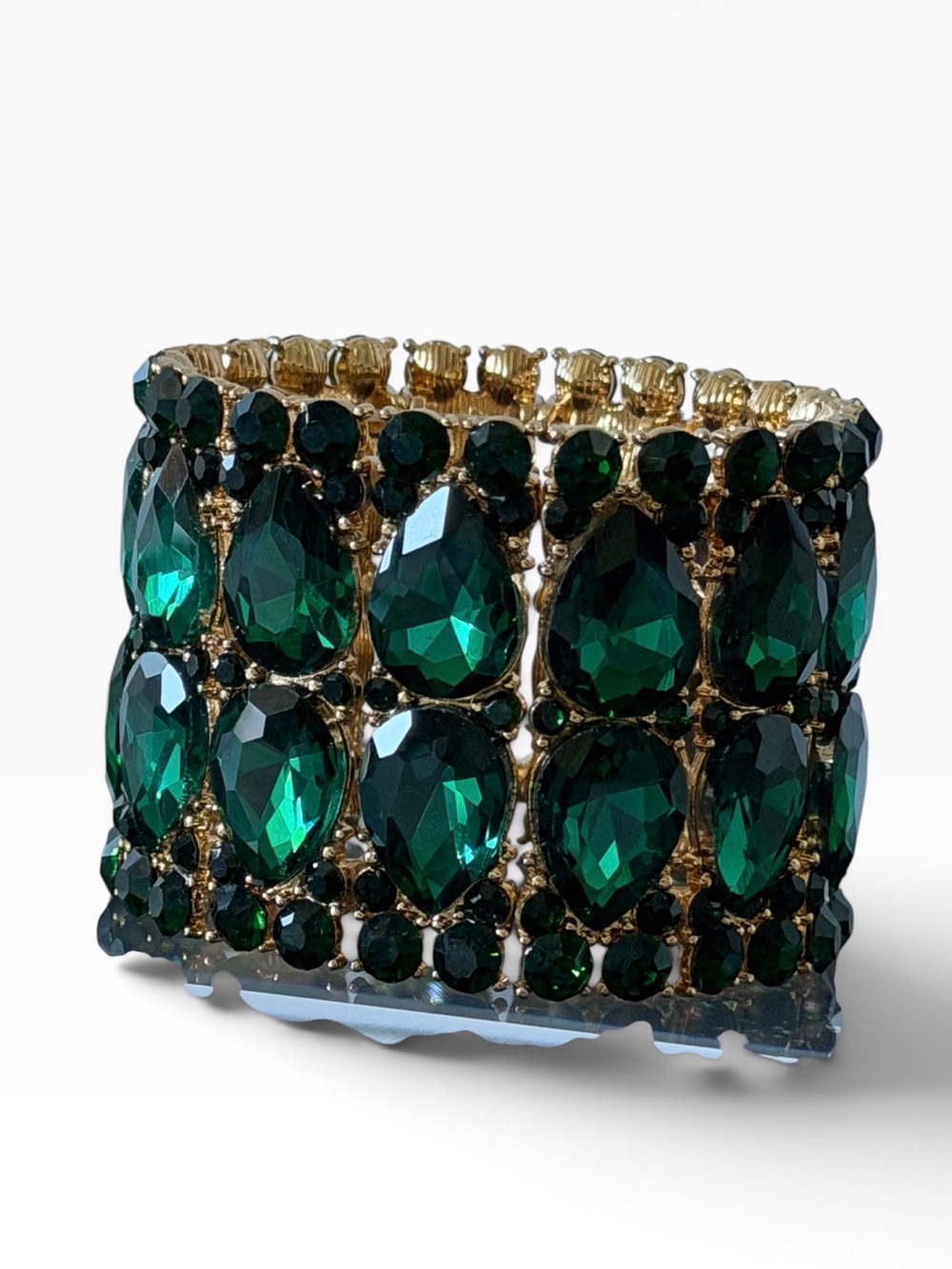 Gold-Tone Emerald Green Teardrop Crystal Stretch Bracelet